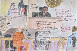 Sketch of immigration court where the judge is saying "You are not bond eligible under the law" Sketch of immigration court where the judge is saying "You are not bond eligible under the law"